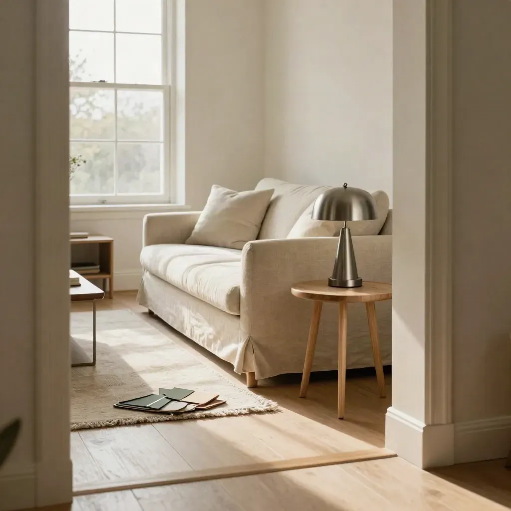 Living room zoning vignette with sofa, rug, lamp, and sage sample chips by a bright window.