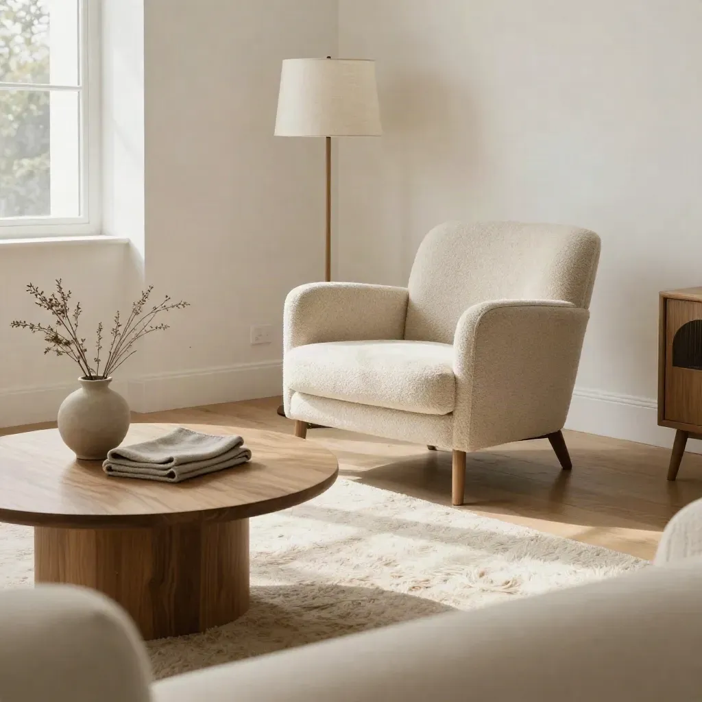 Boucle chair, oak table, wool rug, and floor lamp in a sunlit living room corner.