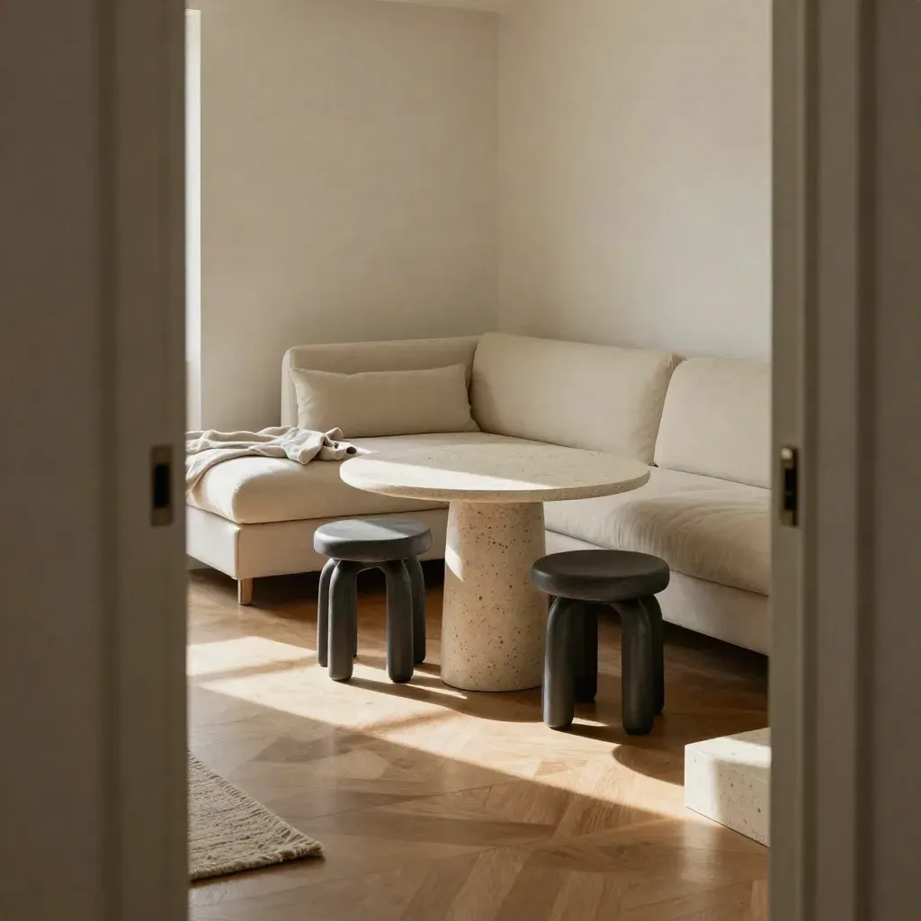 Compact sofa, nested stools, and round table opening a clear flow in a small apartment living area.
