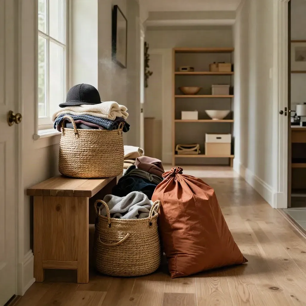 Entry bench with woven baskets, terracotta sack, and cleared hallway shelves in warm daylight
