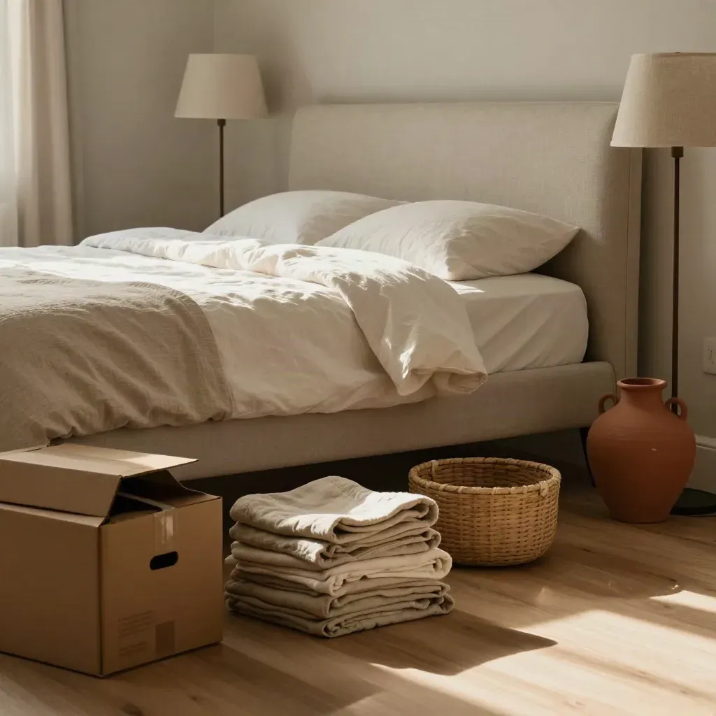 Freshly styled bedroom with open boxes, folded linens, baskets and a floor lamp in morning light.
