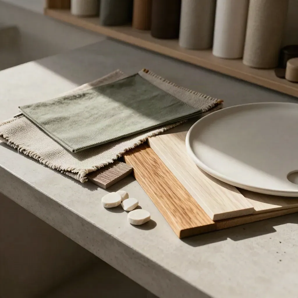 Overhead mood-board materials with fabric, veneer, stone and ceramic swatches in soft light.