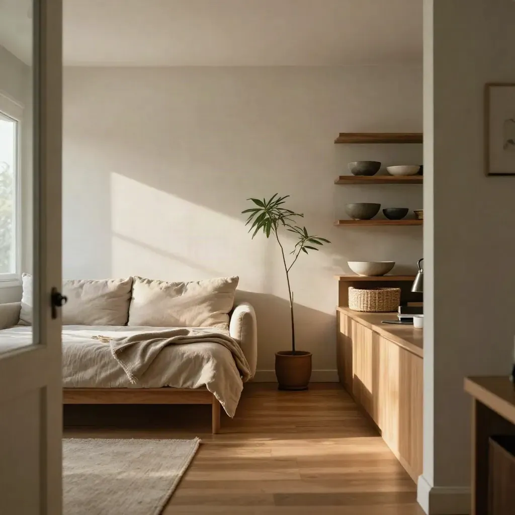 Studio flat with sofa-bed, shelving, plant, and open floor path in warm afternoon light