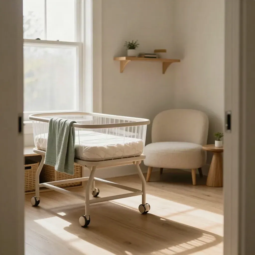 Finished nursery with bassinet, baskets, shelf, and feeding chair in soft daylight