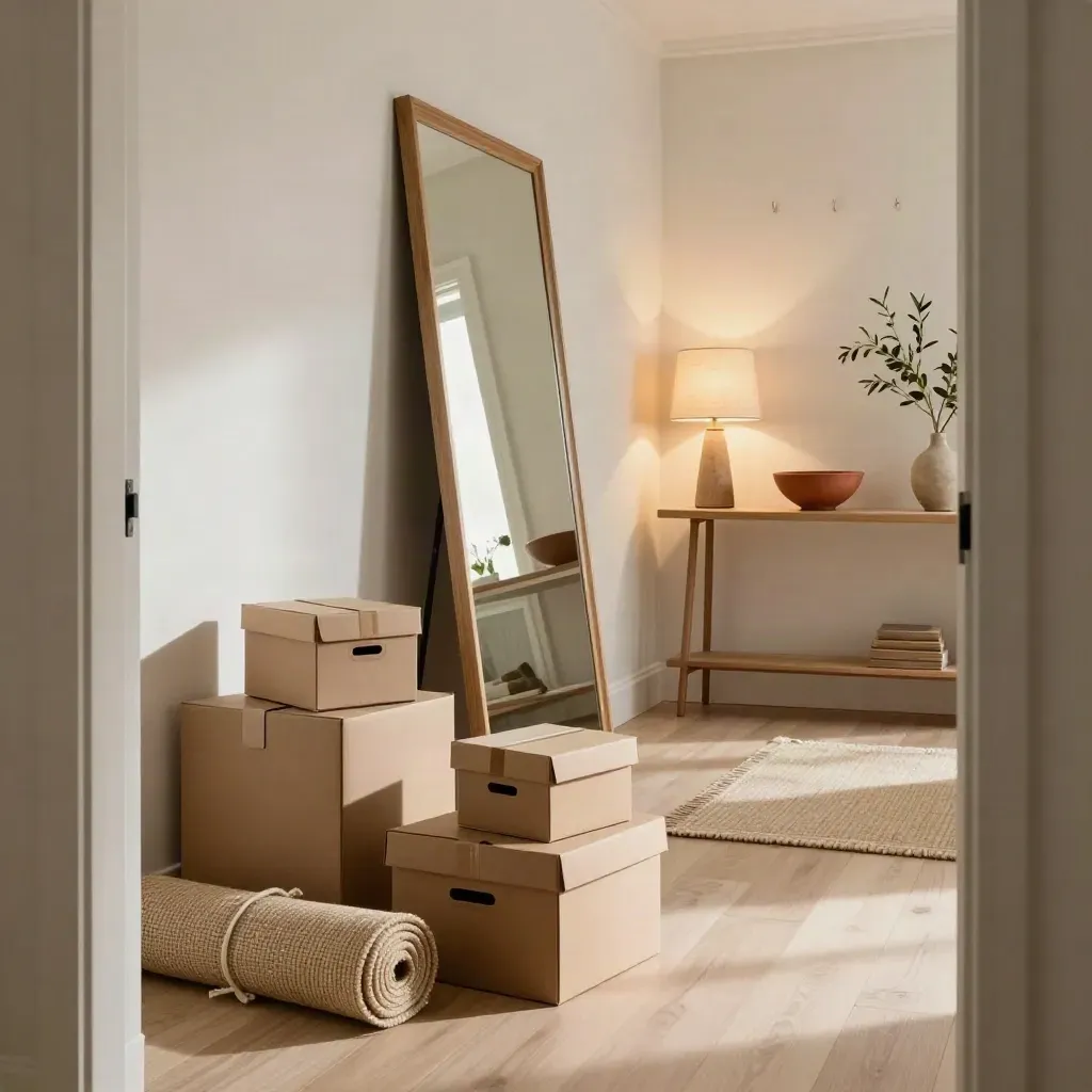 Styled entry hall with boxes, rolled rug, mirror, and lit lamp in a finished home