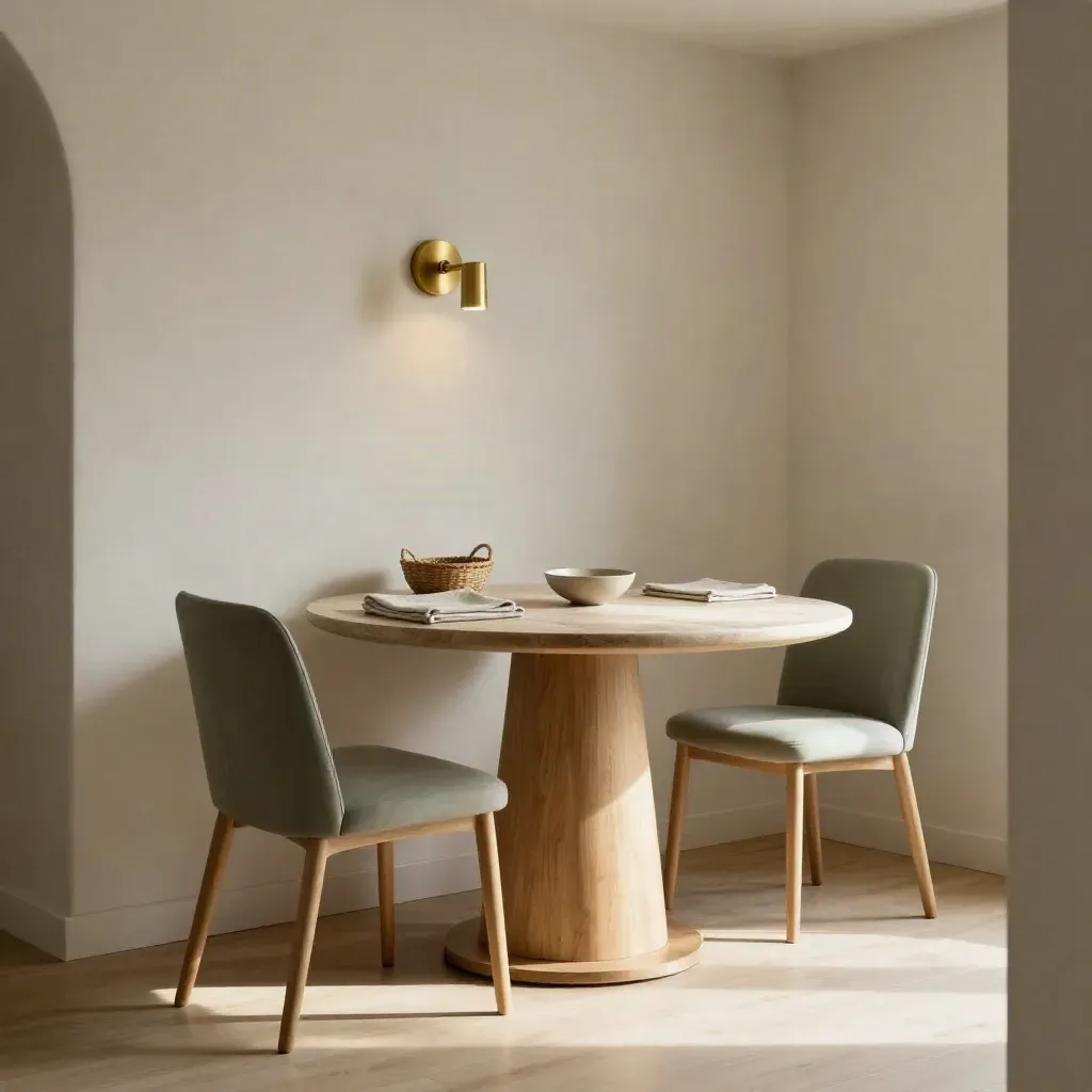 Finished dining nook with round table, slim sage chairs, brass sconce, and open floor path.