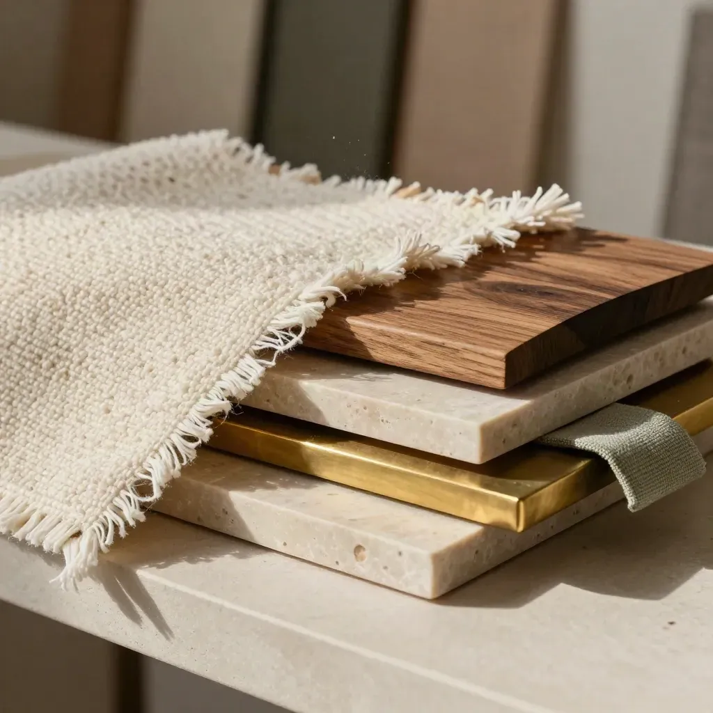 Macro stack of boucle, walnut veneer, stone and brass material samples on a sourcing bench.
