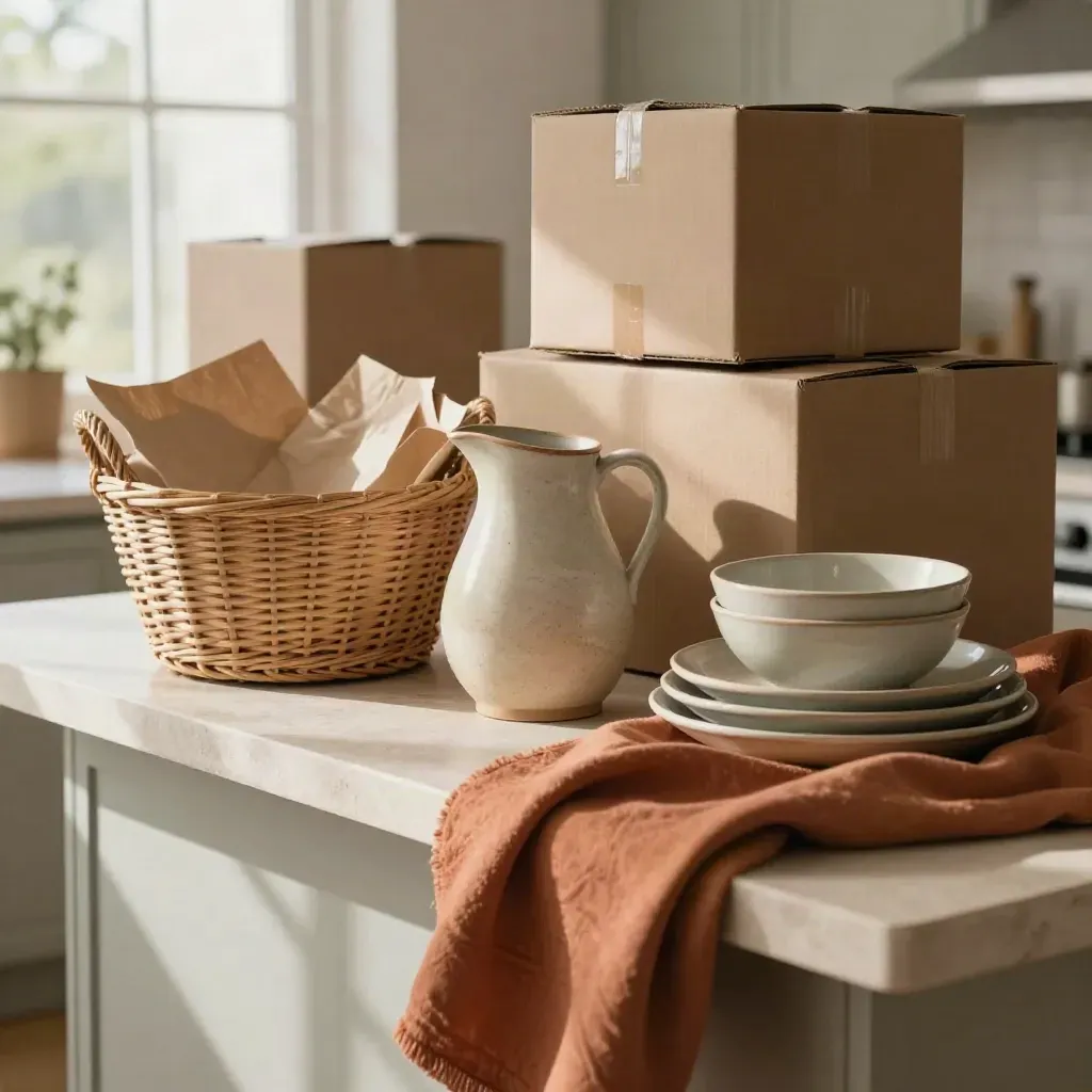 Move-in boxes, basket, pitcher and stoneware on a kitchen island in soft daylight.