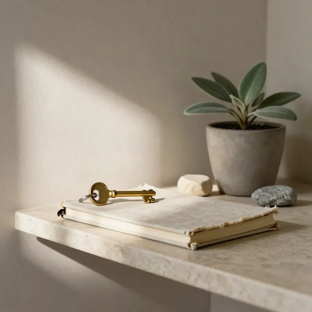 Brass key, linen notebook, sample stones and sage pot on a stone shelf in soft side light