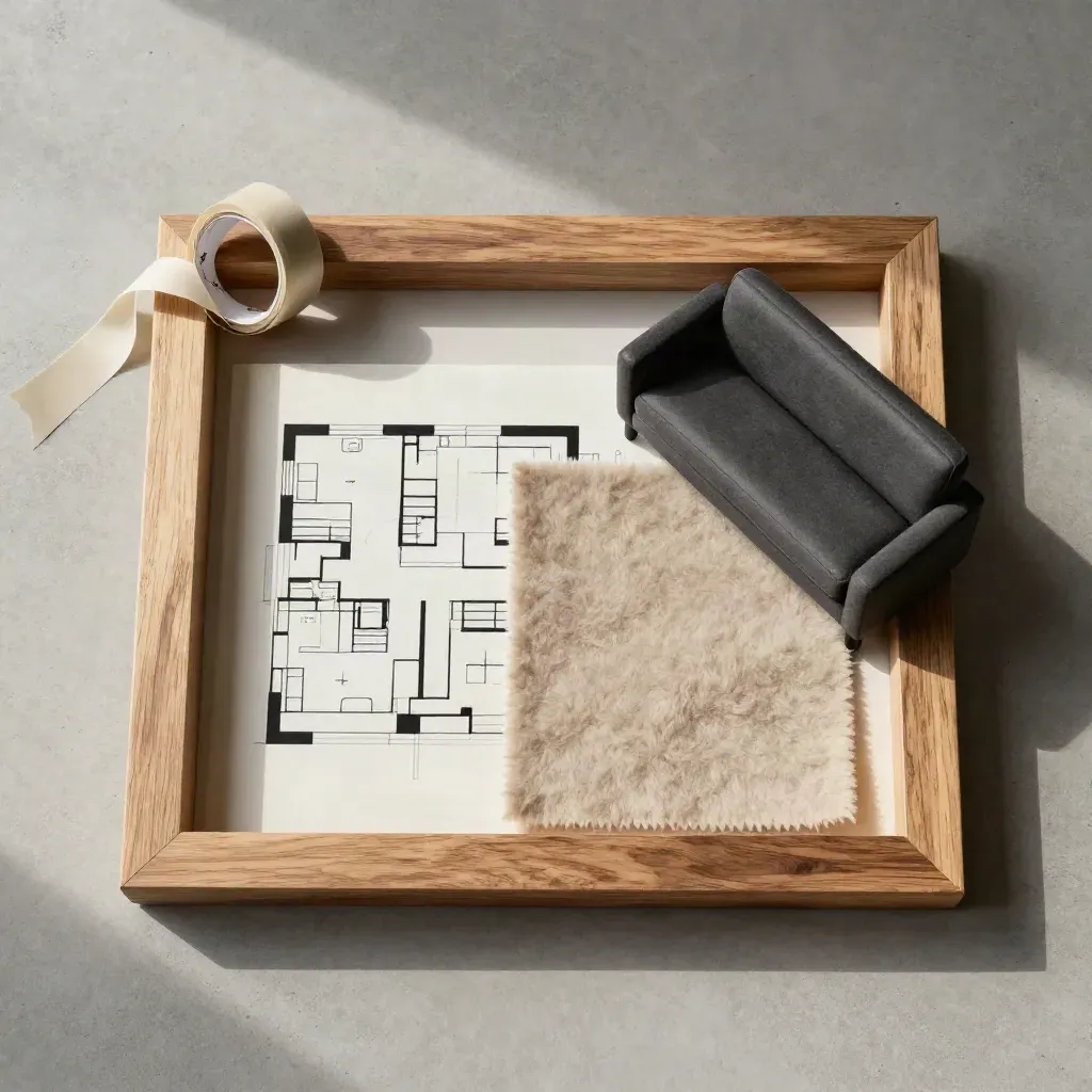 Overhead room-planning flatlay with blocks, tape, sofa silhouette, and wool swatch on concrete.