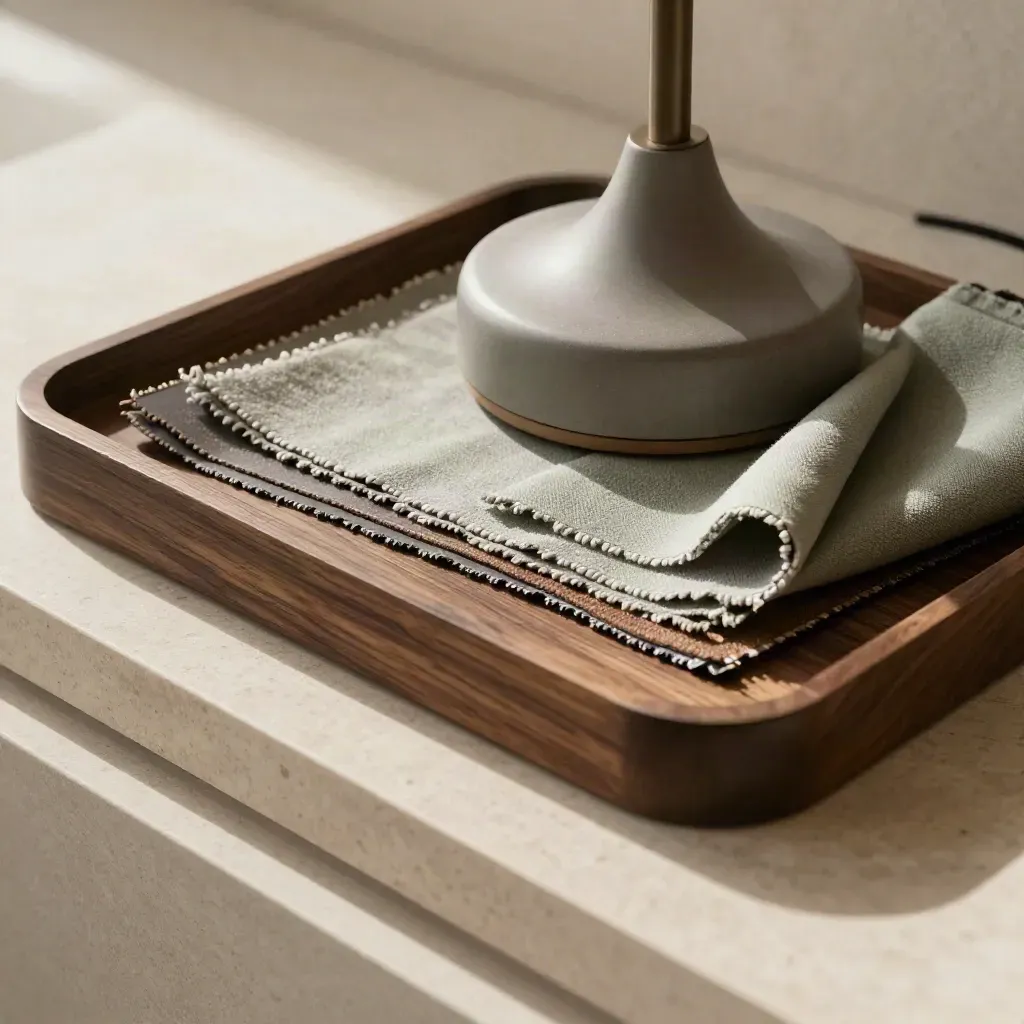 Material samples and a ceramic lamp base on a plaster tray, warm neutral home styling still life