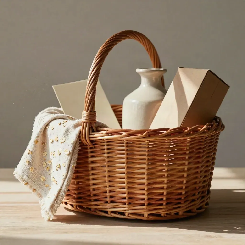 Wicker basket with folded throw, vase, and decor box on pale wood in soft daylight.