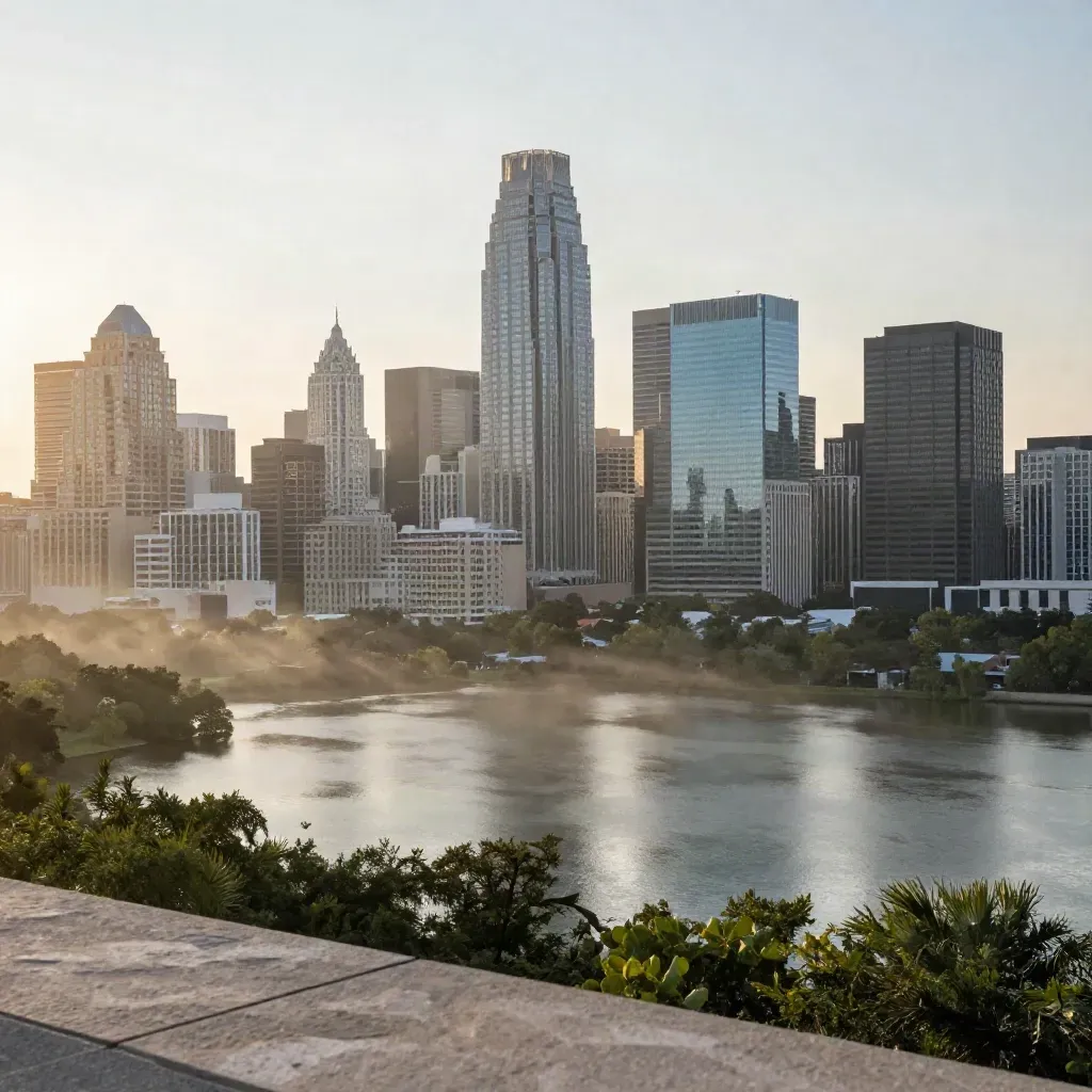 Austin skyline over Lady Bird Lake at sunrise, high overlook, misty water and treetops below