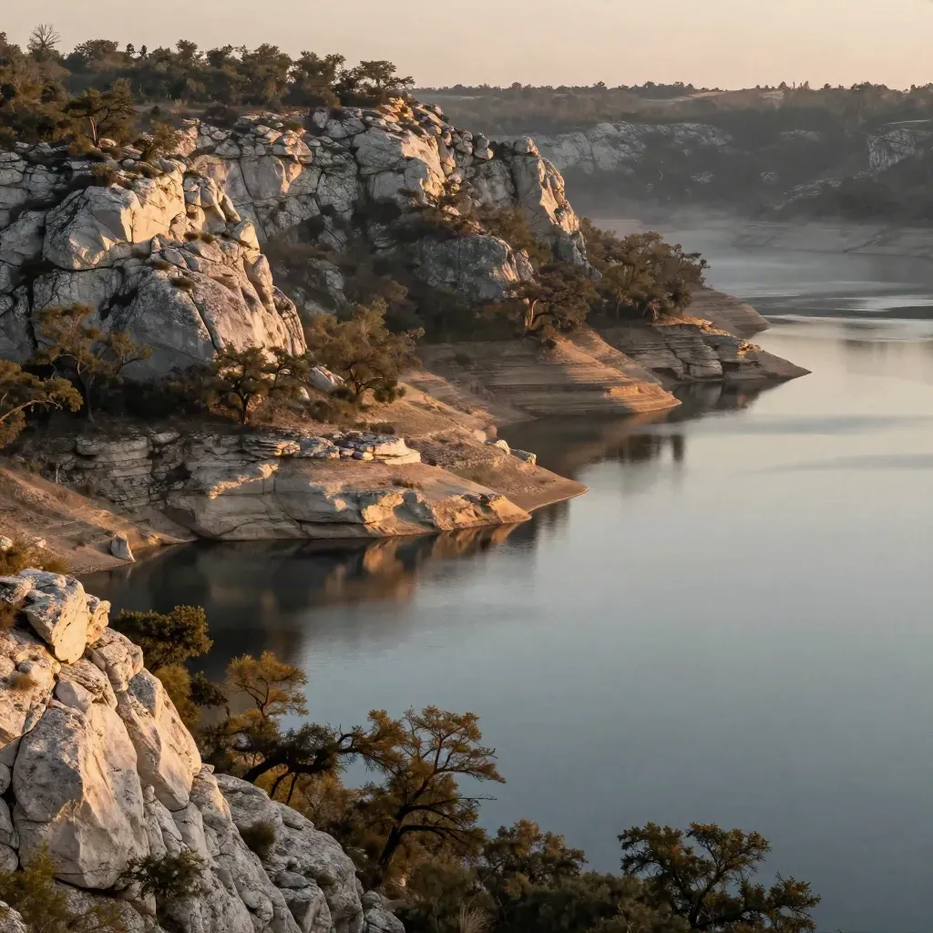 Hill Country reservoir with limestone bluffs, oak slopes, and hazy glassy water at golden hour