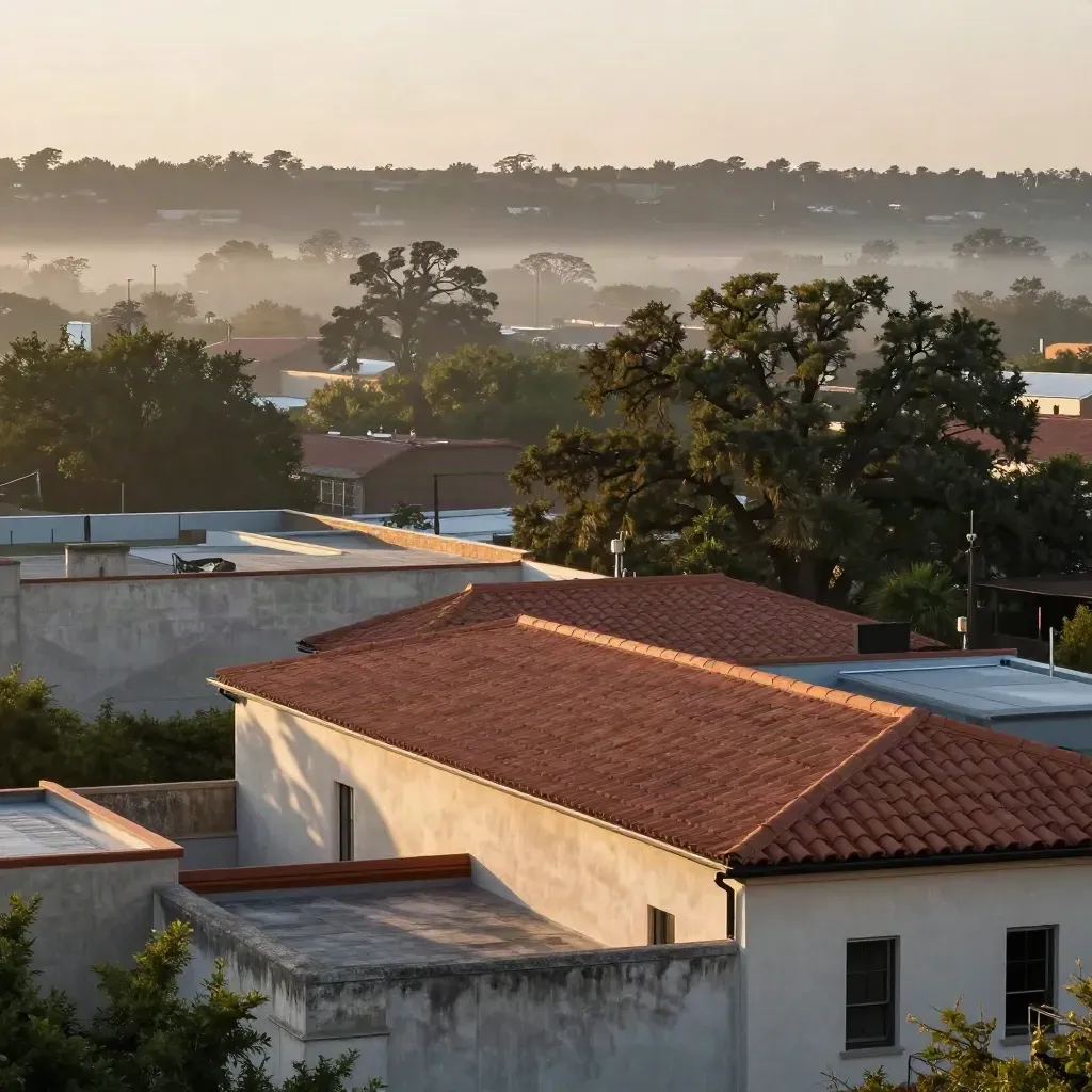 Hazy North Austin rooftops and treetops with a distant skyline band at dawn