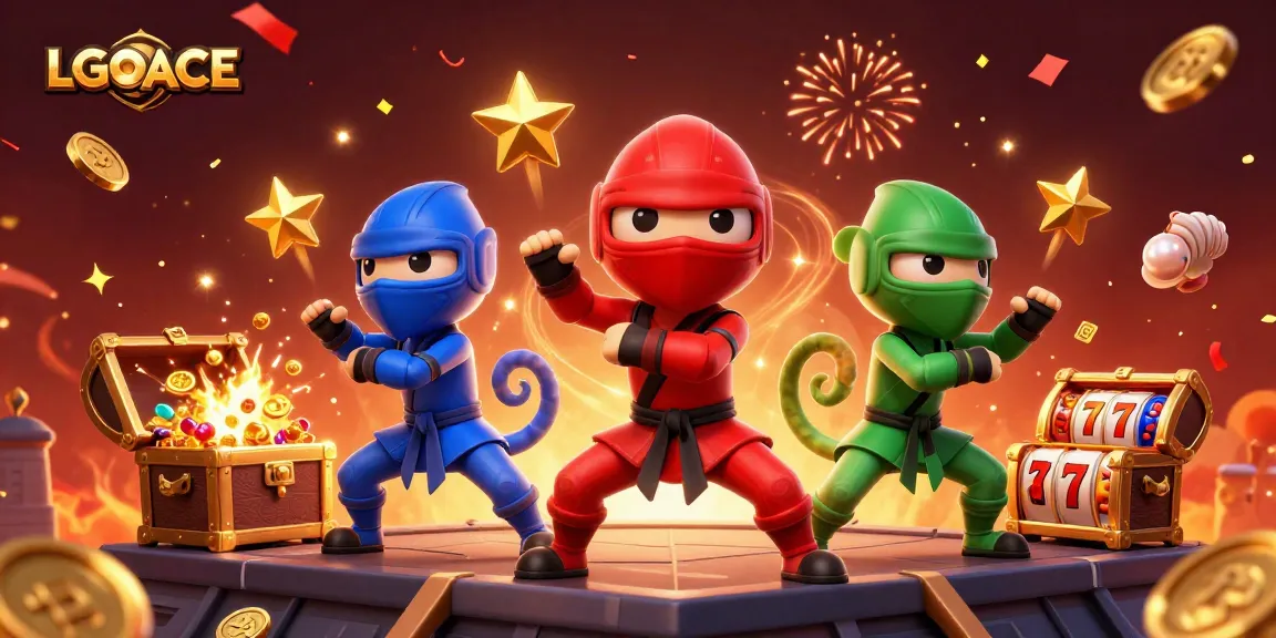 LGOACE features a vibrant 3D scene with ninja chameleons celebrating wins among slot reels and gold coins
