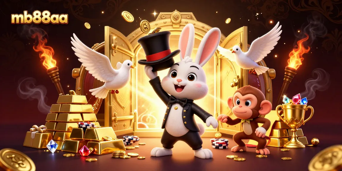 Engage with mb88aa's thrilling casino experience, capturing a magician rabbit, dove, and monkey amidst golden treasures.