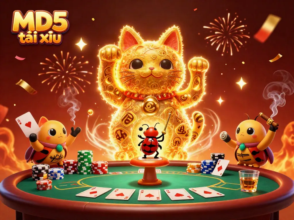 Experience the vibrant excitement of MD5 tài xỉu with a dynamic lucky cat and golden fireflies at a bustling casino.