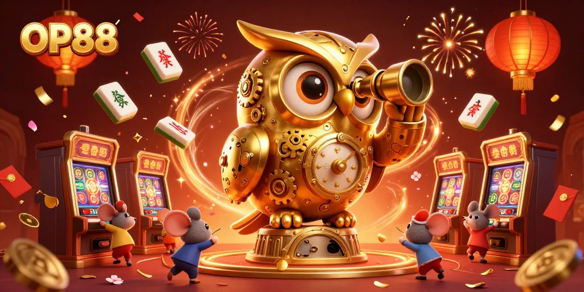 Experience the thrilling world of OP88 with a dynamic casino scene featuring a golden owl and playful mice.