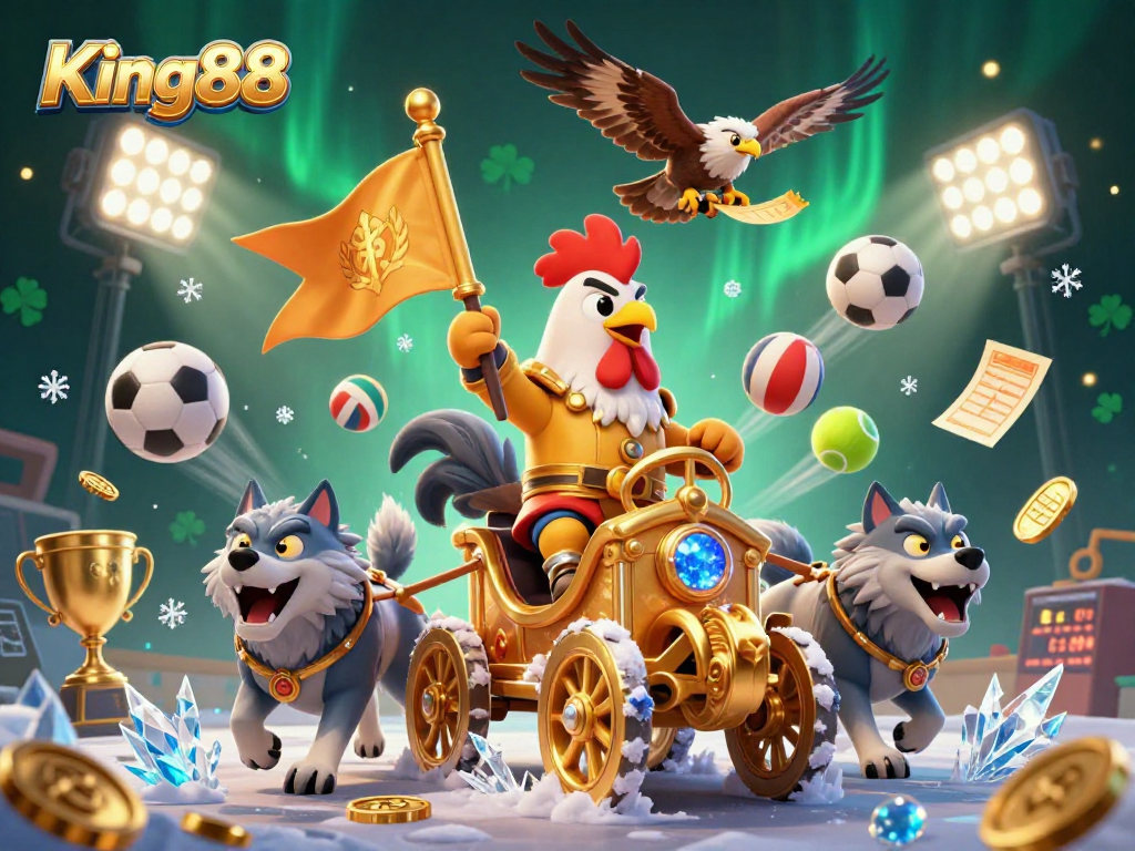 Experience intense gaming action at King88 with a triumphant rooster warlord and dynamic sports elements.