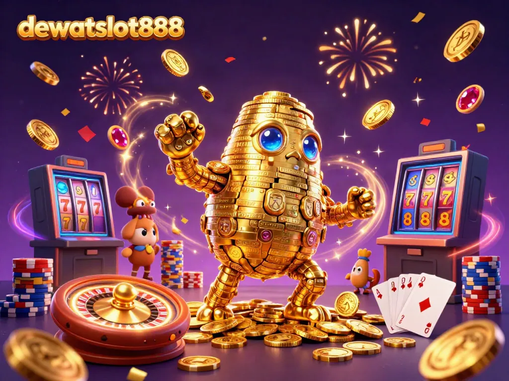 Gambarkan pengalaman bermain di dewataslot888 dengan golem emas dan simbol mesin slot.