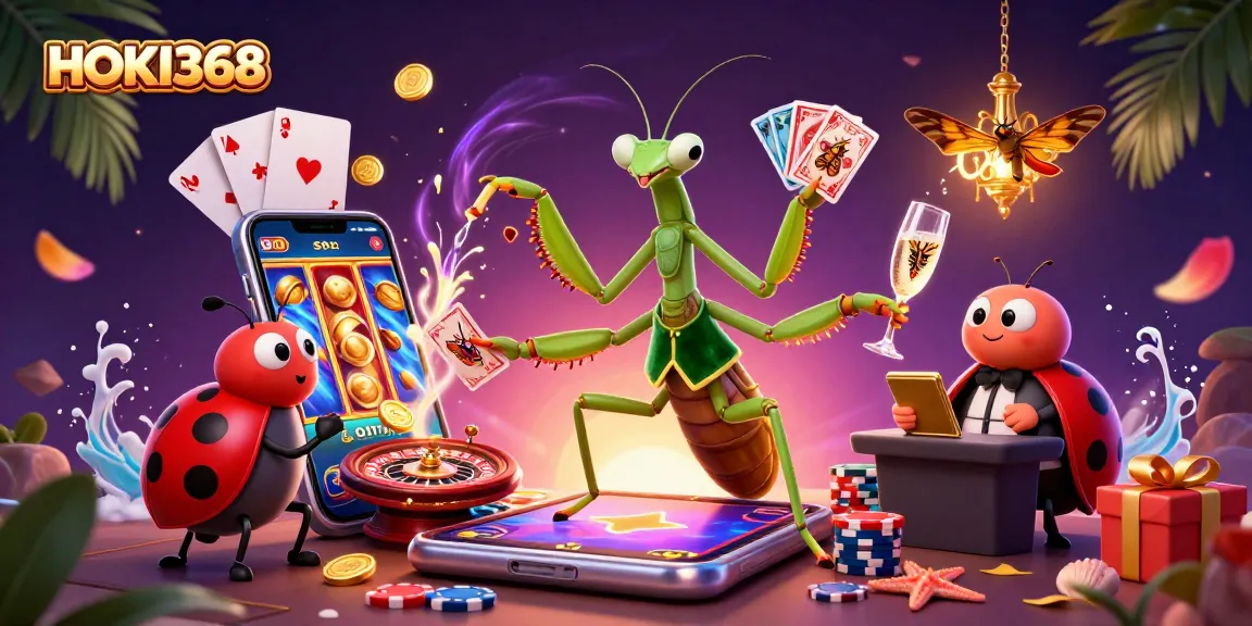 Experience thrilling gameplay at HOKI368 with a lively casino scene featuring vibrant characters and games.