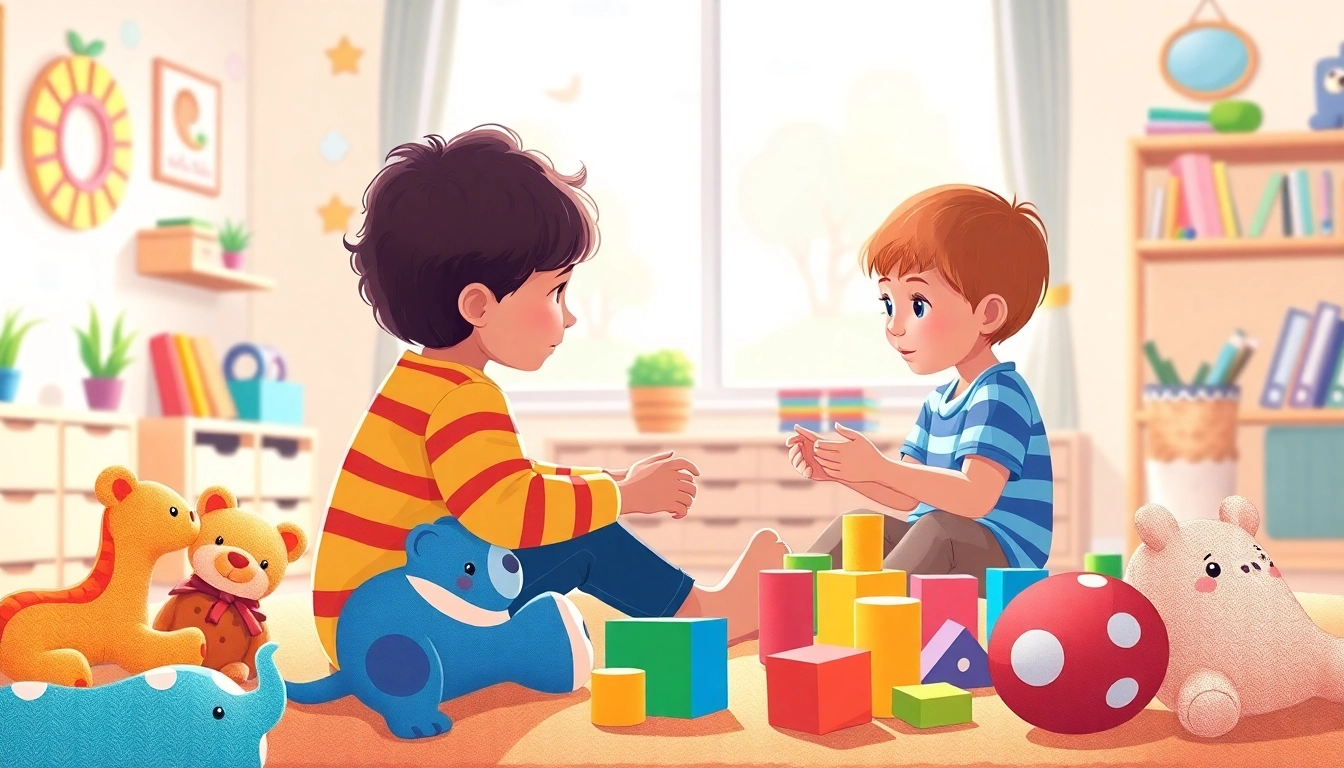 Play Therapy session with children amidst vibrant toys, fostering emotional expression and healing.