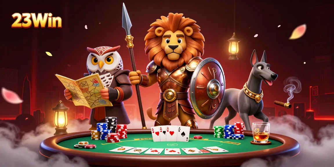 Experience 23Win with a dynamic poker showdown featuring a Spartan lion and tactical owl, amplifying the thrill of gambling.