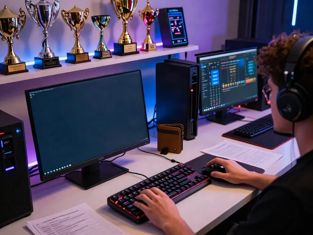 Player enjoying qqmacan slot game on a high-resolution monitor with gaming gear.