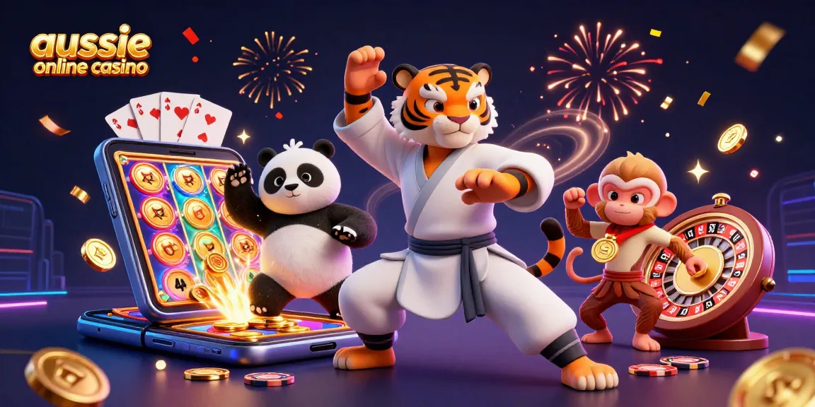 Aussie online casino scene with playful characters enjoying a vibrant casino atmosphere, featuring slots and poker elements.