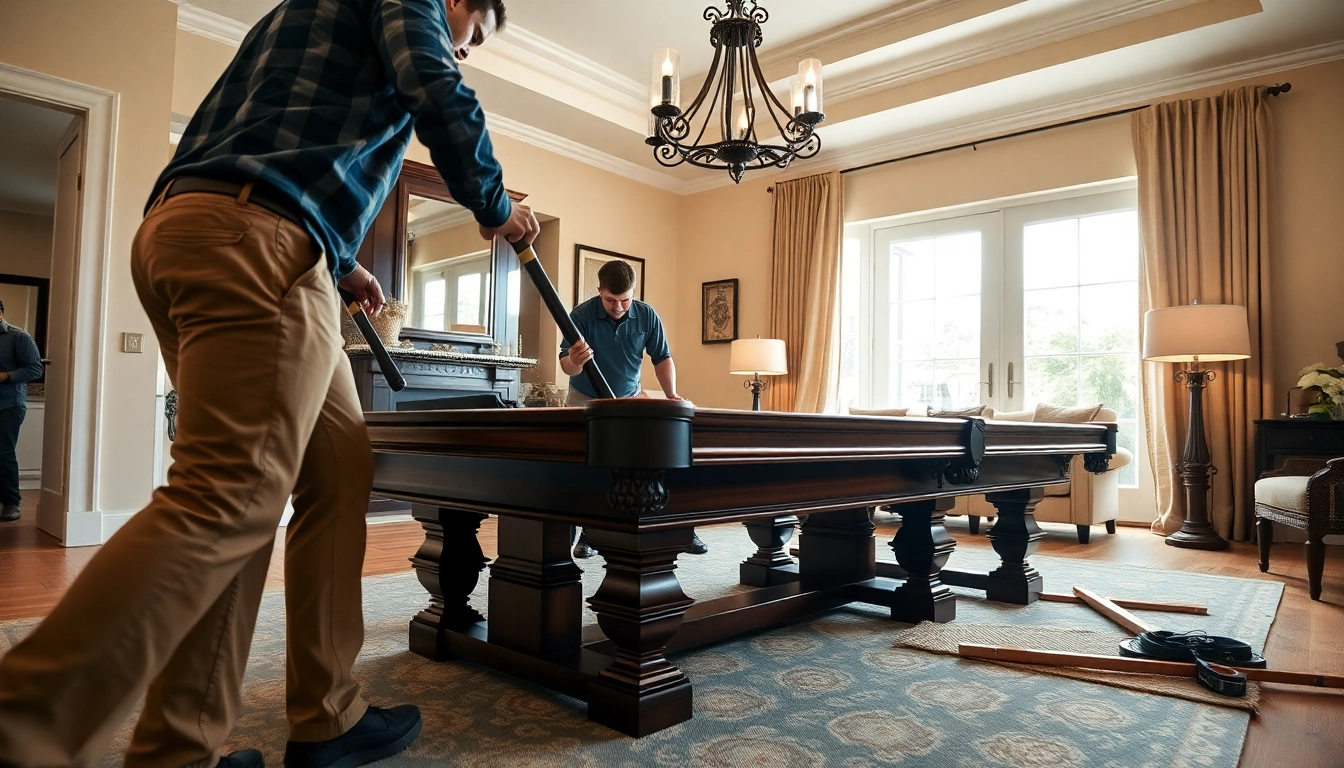 Pool table movers Dallas expertly relocating a slate pool table in a stylish home.