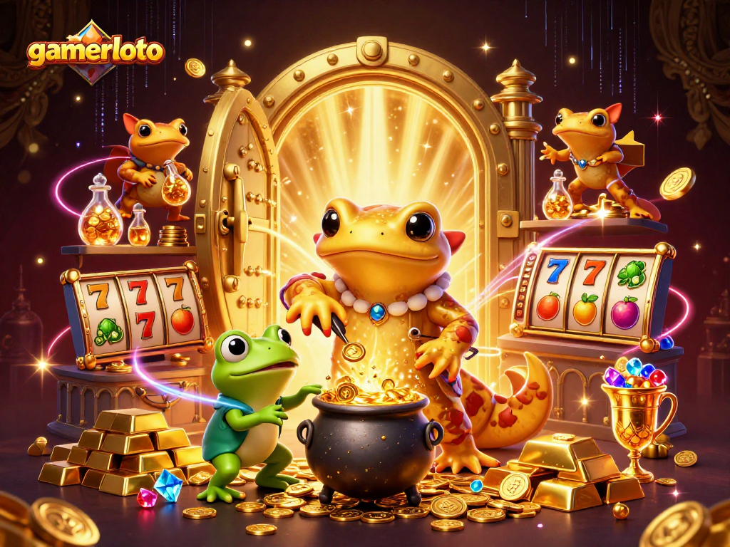 Experience gaming excitement with gamerloto's 3D casino scene filled with treasures and vibrant slot machines.