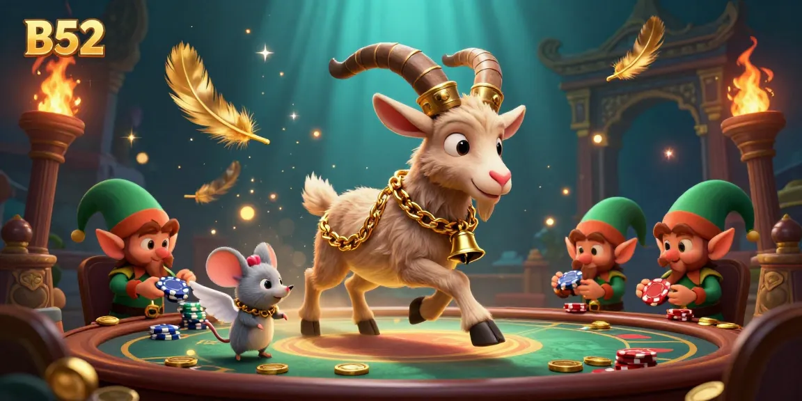 B52 Casino scene featuring a Krampus goat, an angel mouse, and elf gremlins amidst lively gambling activities.