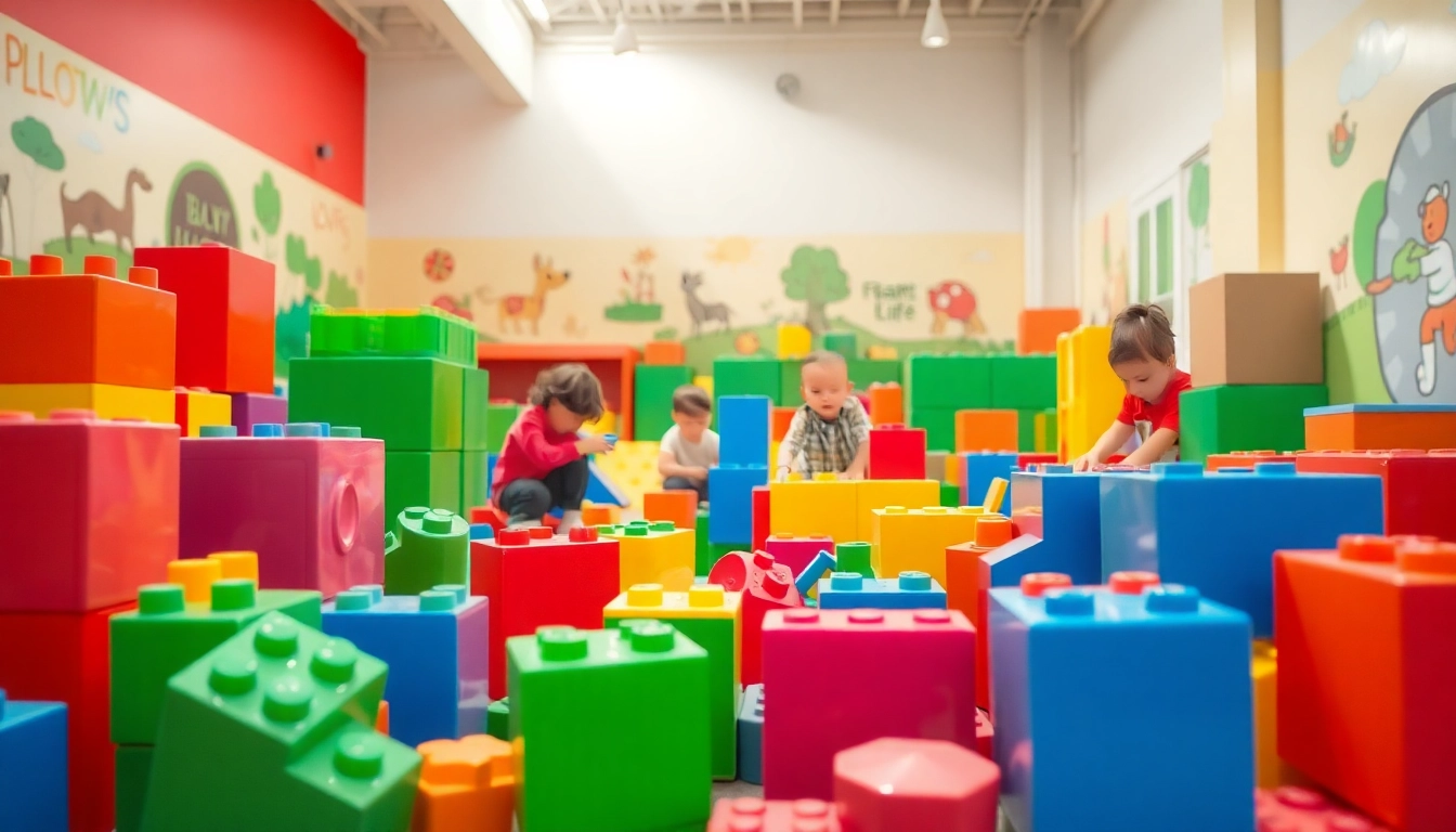Engage with additional information about giant building blocks in a colorful indoor play area.
