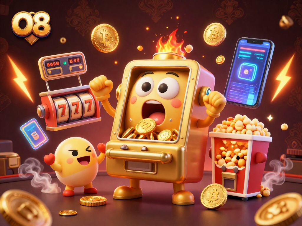 Experience thrilling jackpots and excitement at O8 with vibrant slot machine characters and crypto coins.