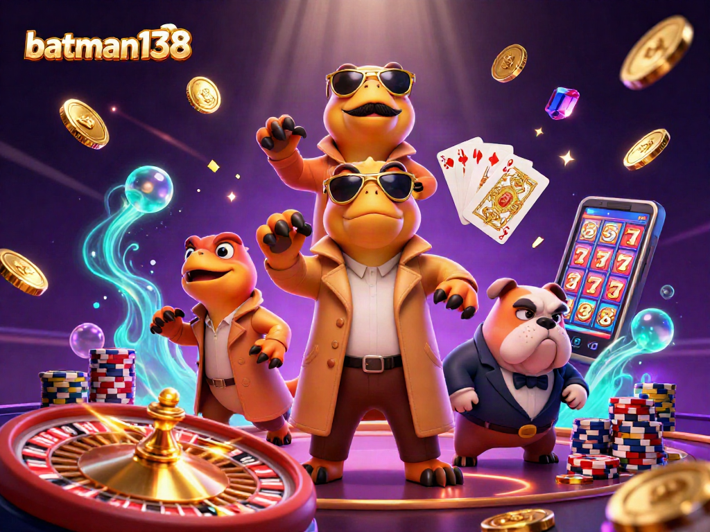 Experience the excitement at batman138 with raptors attempting a VIP casino entry amidst sparkling gems and gold coins.