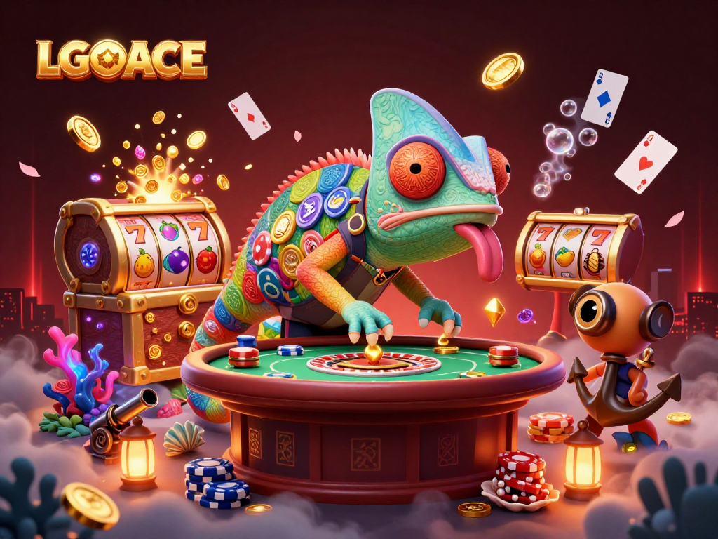 LGOACE chameleon casino owner surrounded by vibrant slot reels and treasure in a dynamic digital illustration