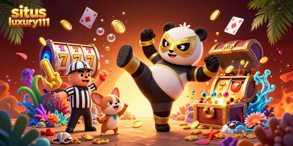 Situs luxury111 showcases an energetic cartoon wrestling scene with vibrant slot machines and lively spectators.