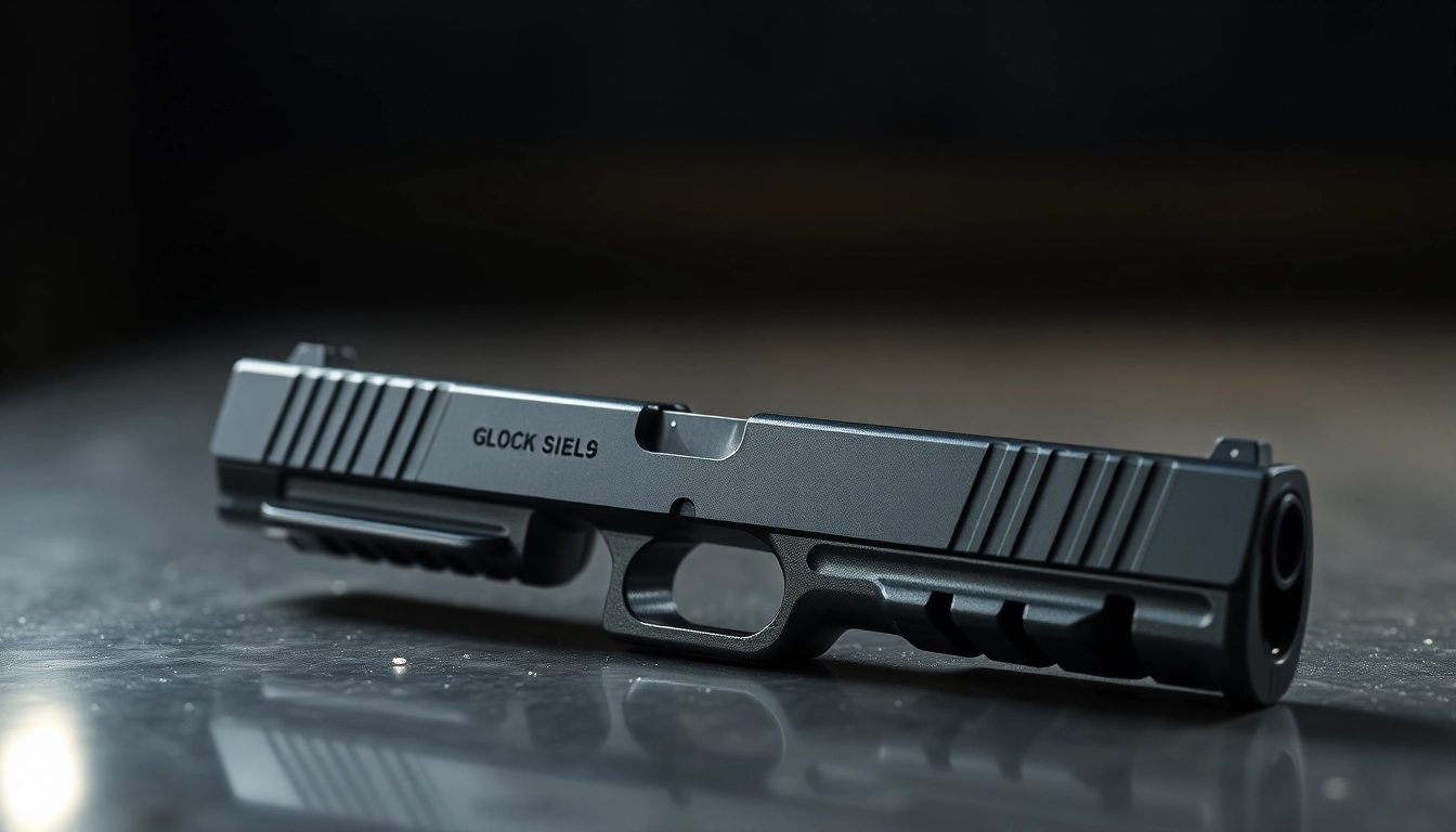 Detailed OEM Glock 26 slide highlighting craftsmanship with dramatic lighting.