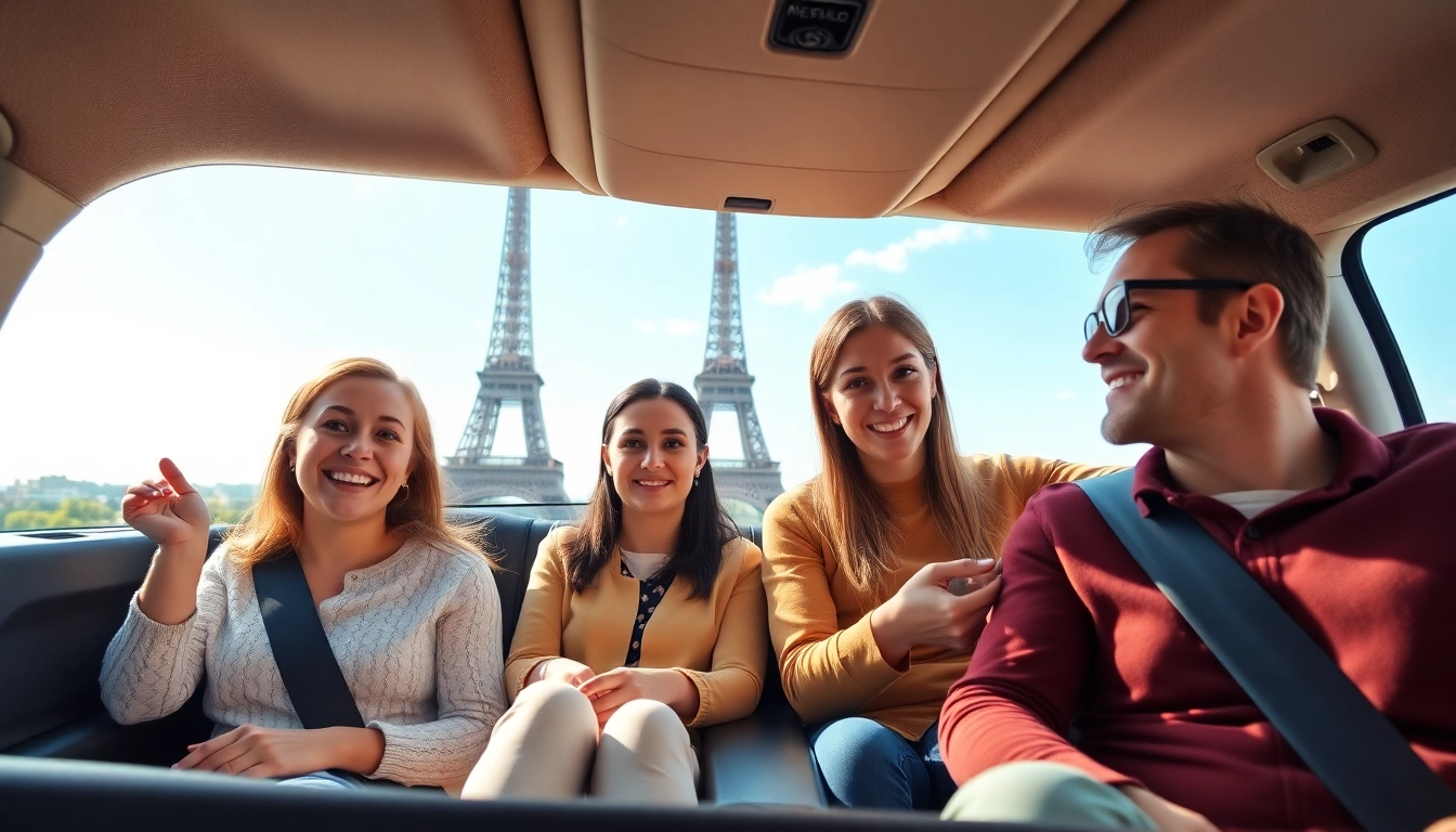 Experience seamless disney paris airport transfer with a happy family in a modern vehicle against the Paris skyline.