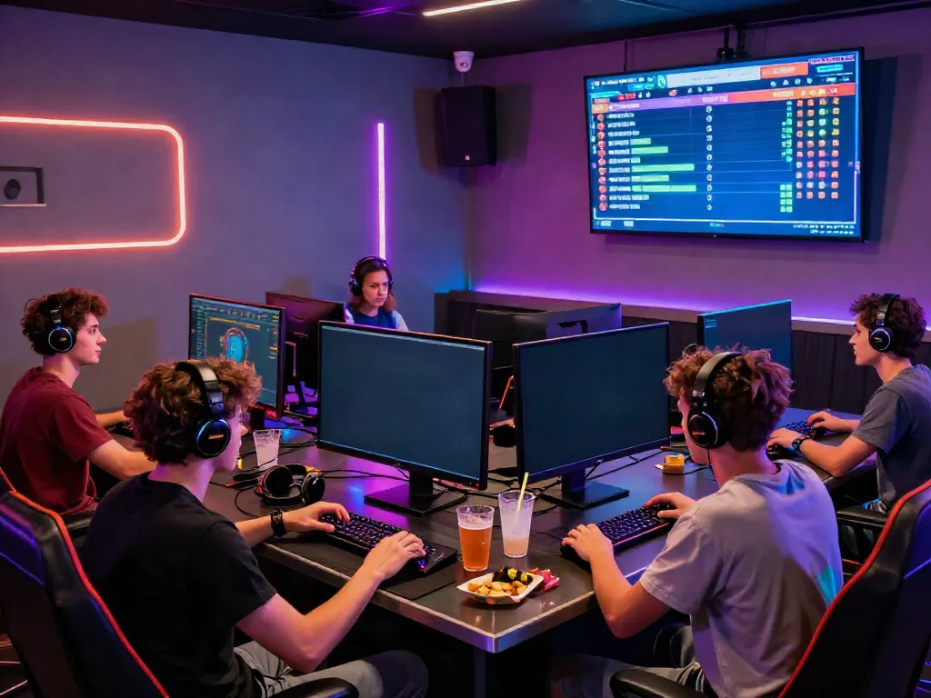 Friends enjoying a thrilling gaming session at koitoto online lounge with colorful lights