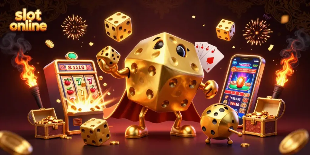 Experience thrilling action in the slot online world with a dazzling golden dice golem and jackpot effects.