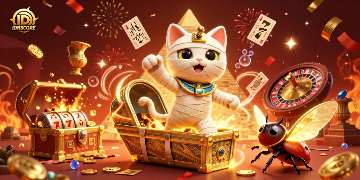 IDNSCORE features an Egyptian mummy cat and scarab beetle in a vibrant pyramid casino scene.