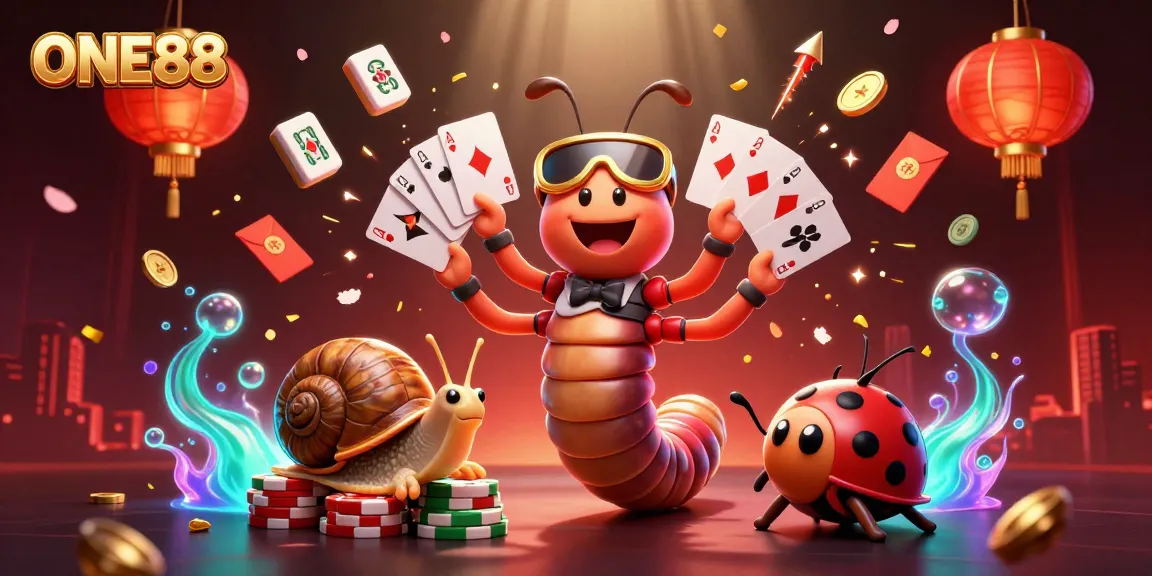 Engage with ONE88's thrilling gaming experience featuring colorful characters and vibrant casino elements.