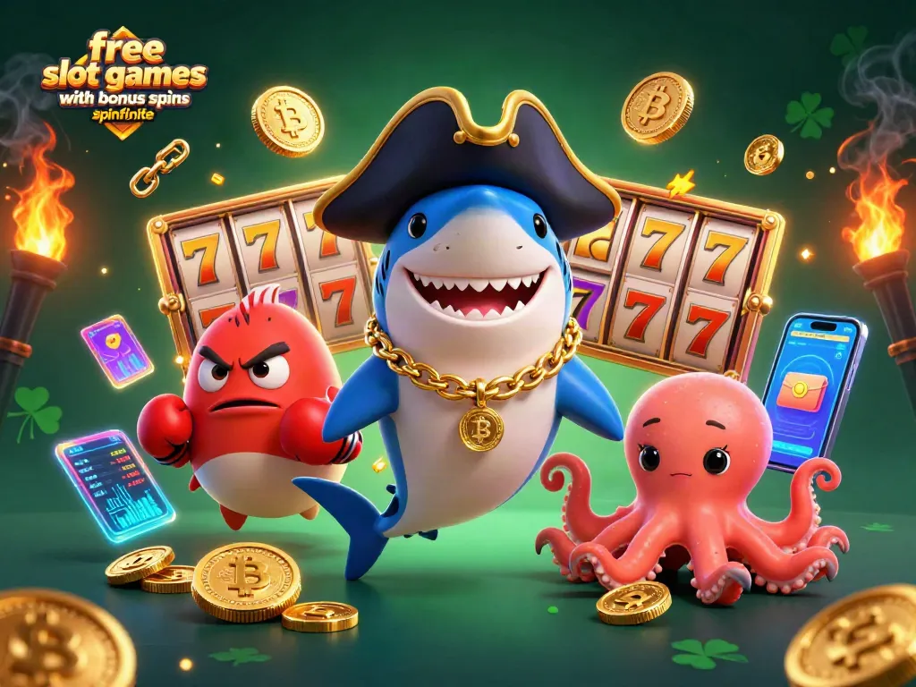 Play free slot games with bonus spins spinfinite and win gold coins with engaging characters in a vibrant scene.