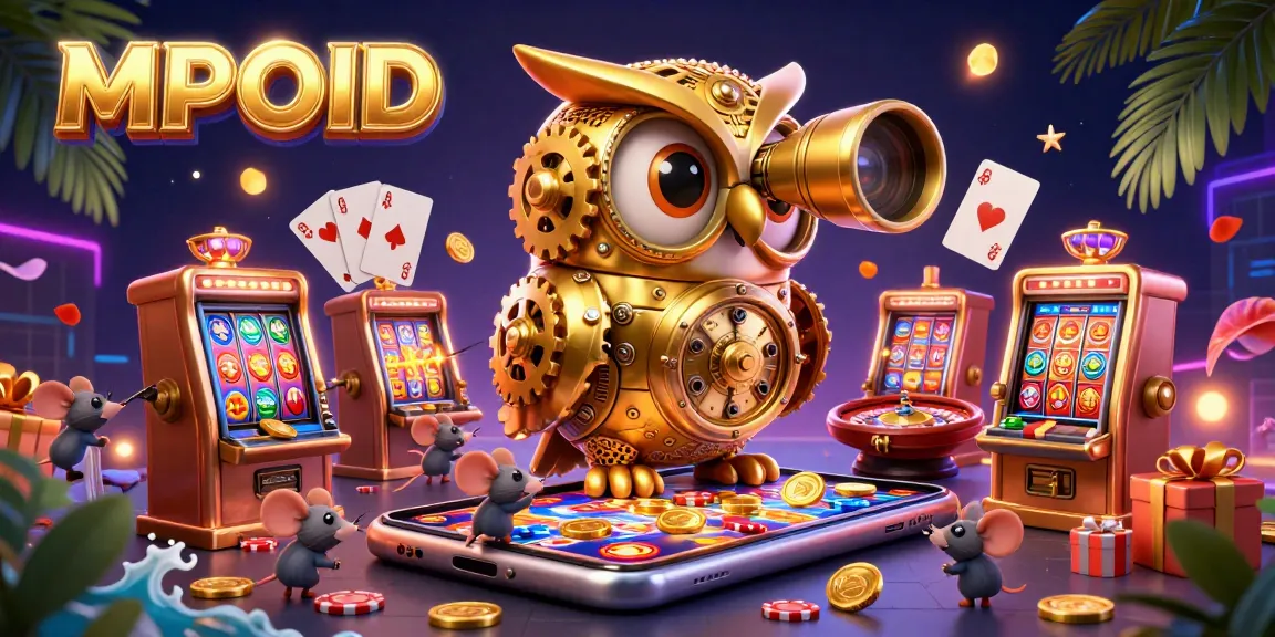 Engage with the vibrant MPOID casino scene featuring a golden owl and dynamic gaming elements.