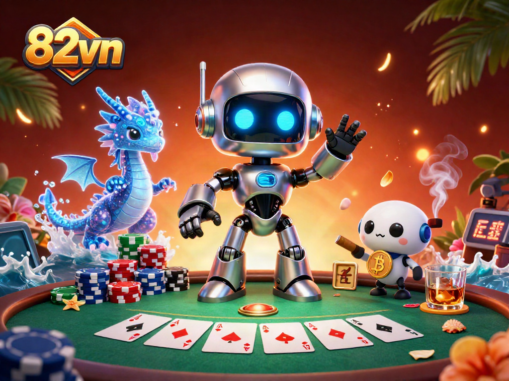 Experience vibrant casino excitement with 82vn's thrilling poker scene featuring rich 3D characters and elements.
