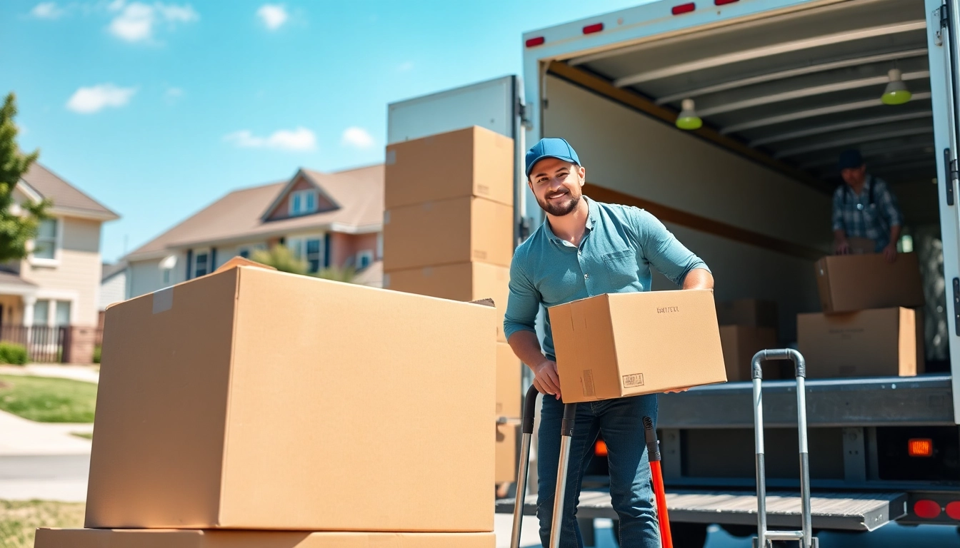 Movers from a moving company near me loading boxes into a truck in a sunny neighborhood.