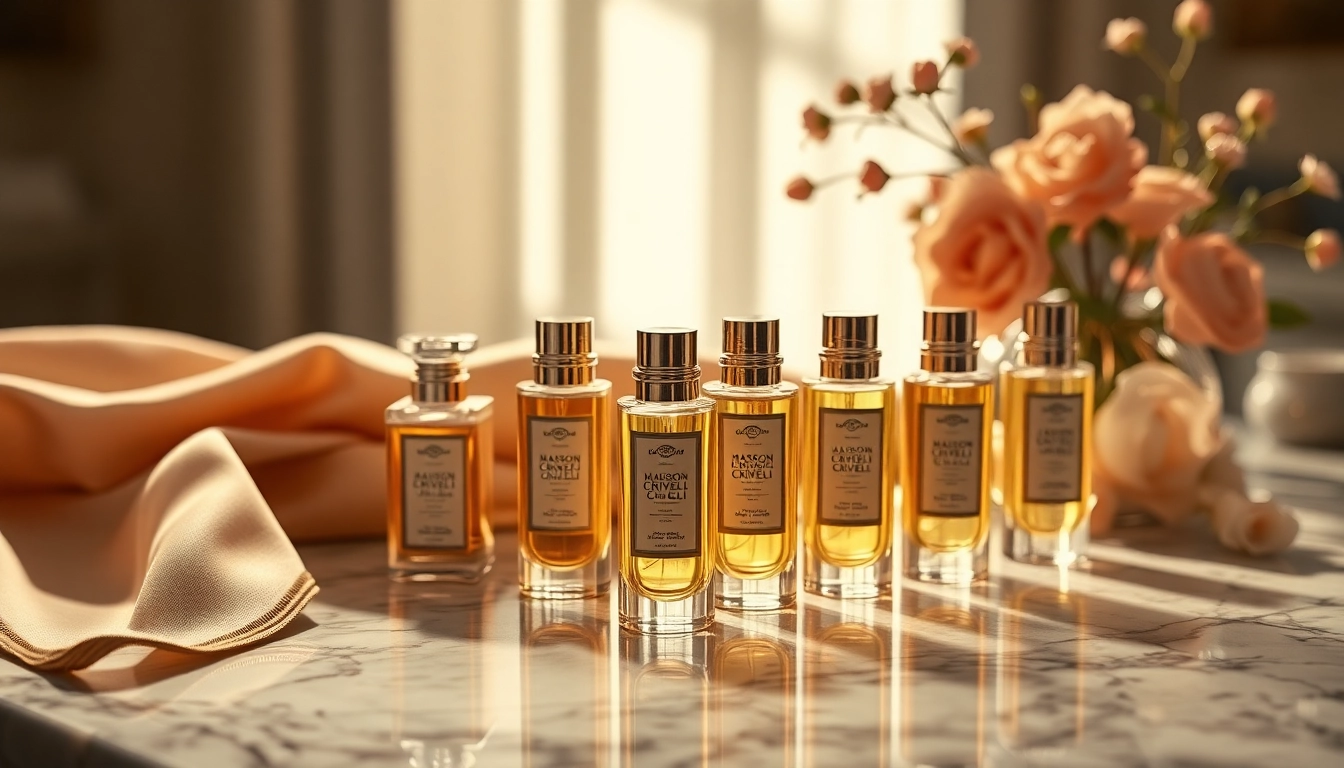 Experience the exquisite Maison Crivelli discovery set with elegantly arranged perfume vials showcasing luxurious fragrances.