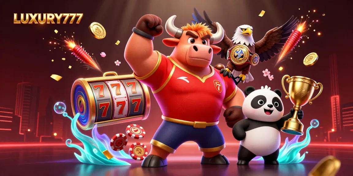 Menggandakan peluang menang dengan LUXURY777 dalam ilustrasi permainan slot mewah dan karakter unik.